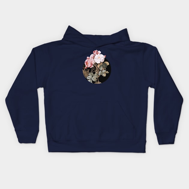 Vintage Pink Damask Rose Botanical Illustration on Circle Kids Hoodie by Holy Rock Design